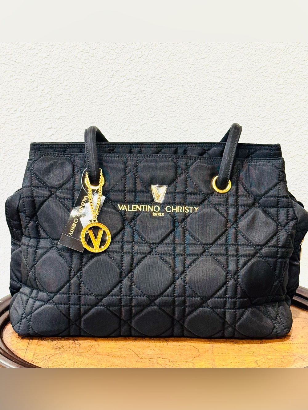 Valentino Christy Paris Black Quilted Tote Shoulder Bag w/3 Compartments & Charm